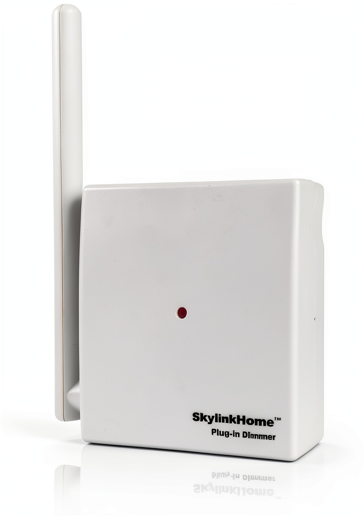 Skylink Plug-In Dimmer showing plug and remote control in a home setting