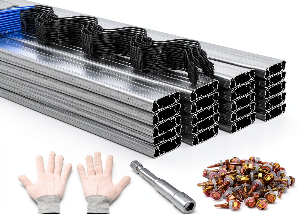 'Anmeiji greenhouse spring wire and U-channel kit components laid out'