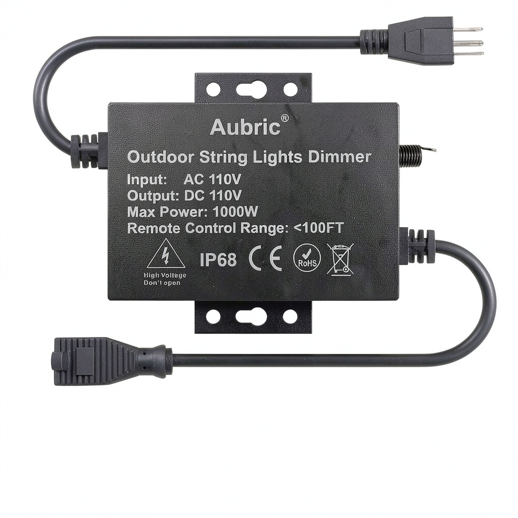Outdoor dimmer installed on a patio lighting setup